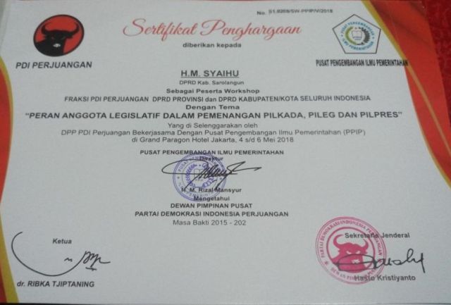 Sertifikat penghargaan dari Partai Demokrasi Indonesia (PDI) Perjuangan untuk H M Syaihu
