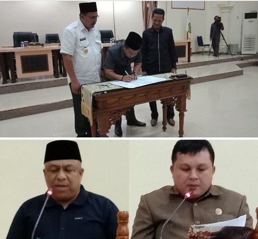 Penandatangan persetujuan Ranperda pertanggungjawaban APBD 2017 oleh pimpinan DPRD, H Hapis Hasbiallah SE, Amir Mahmud dan Wabup, H Hillalatil Badri 