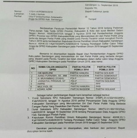 Bentuk surat  usulan PAW yang sempat diorbitkan dan akan dilayangkan ke Gubernur Jambi