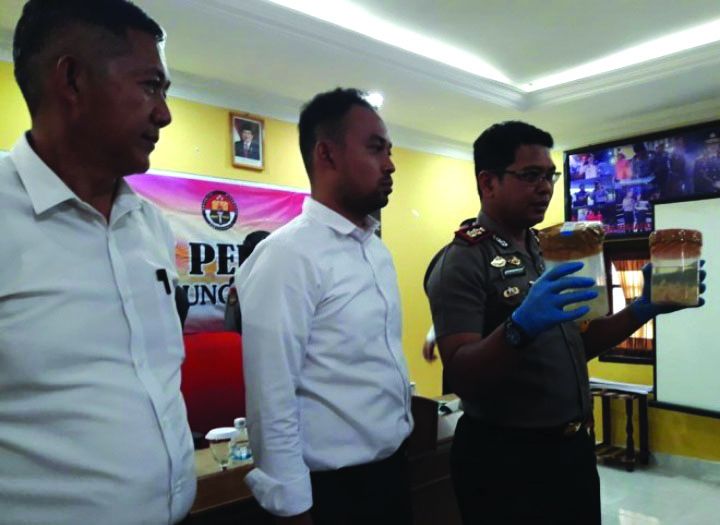 Kapolres Tanjabtimur memperlihatkan baby lobster dalam toples