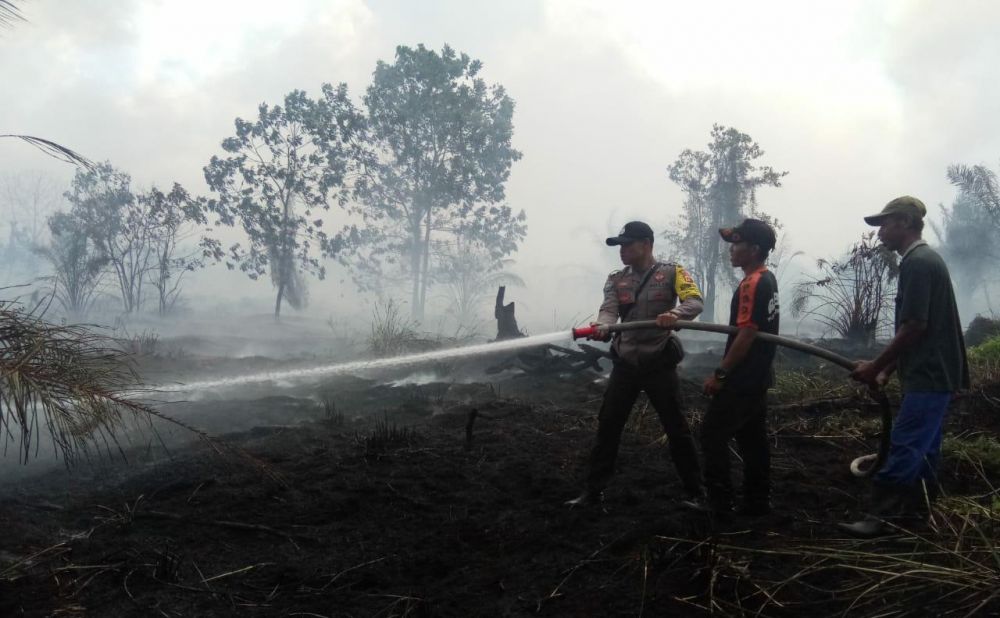 Petugas memadamkan kebakaran hutan.