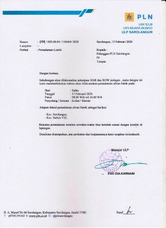 Surat pemadaman aliran listrik untuk Kecamatan Sarolangun dan Bathin VIII 
