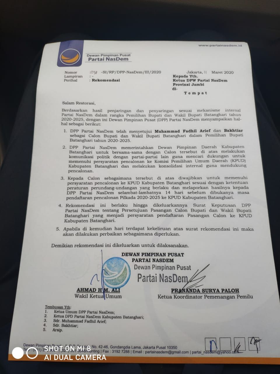 Surat dukungan dari Nasdem. 