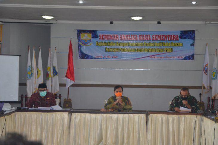 Seminar Analisa Hasil Sementara Kegiatan Kajian Kesiapan Pemerintah Provinsi Jambi Dalam Rencana Penerapan Pembatasan Sosial Berskala Besar (PSBB) di aula kantor Badan Penelitian dan Pengembangan Daerah (Balitbangda) Provinsi Jambi, Kemarin.