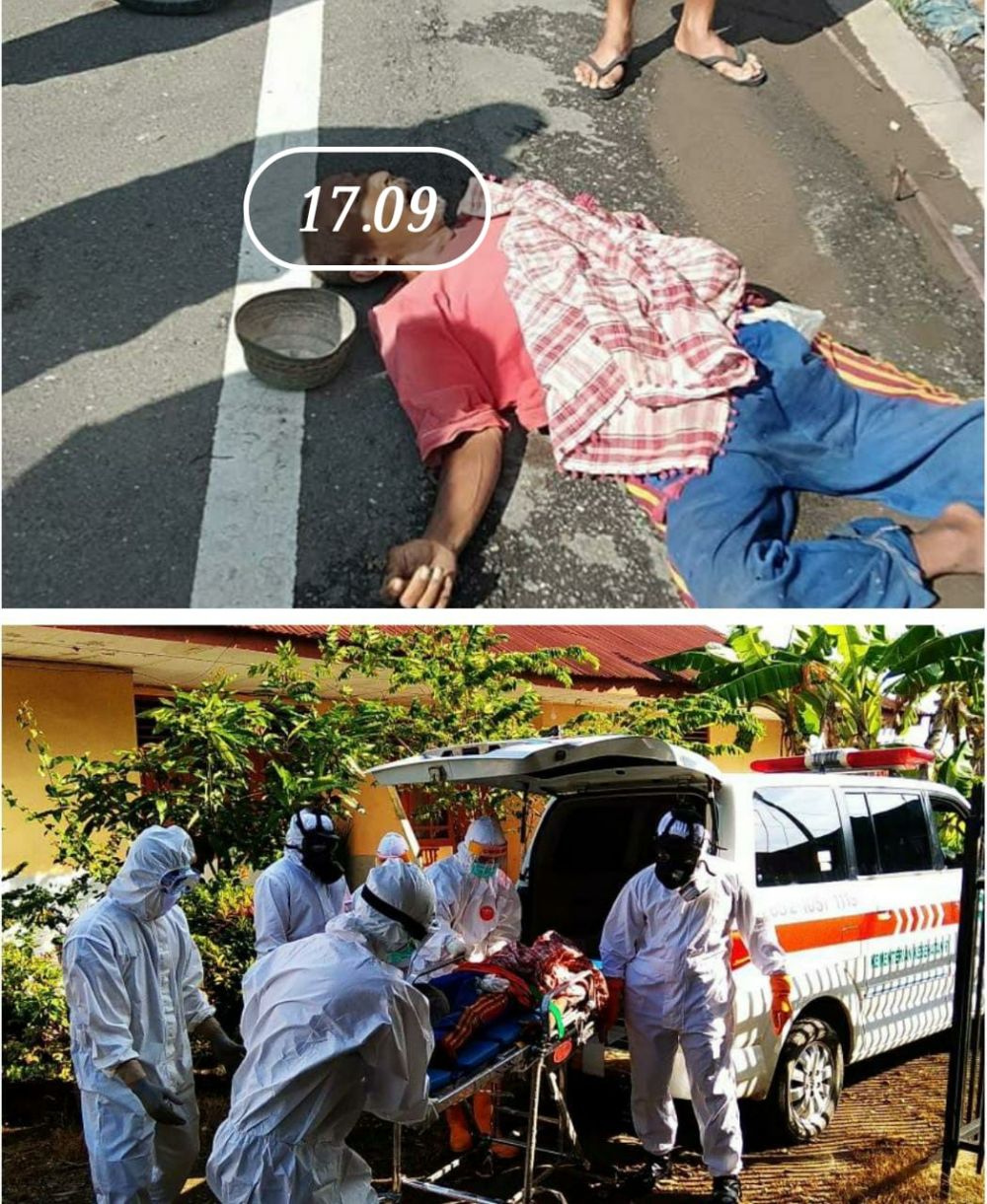 Pria yang  meninggal  di evakuasi dengan petugas APD lengkap
