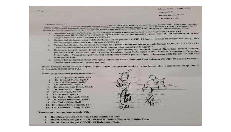 Beredarnya surat penolakan dari para dokter spesialis Tebo terkait Rumah Susun dijadikan sebagai tempat isolasi mandiri 