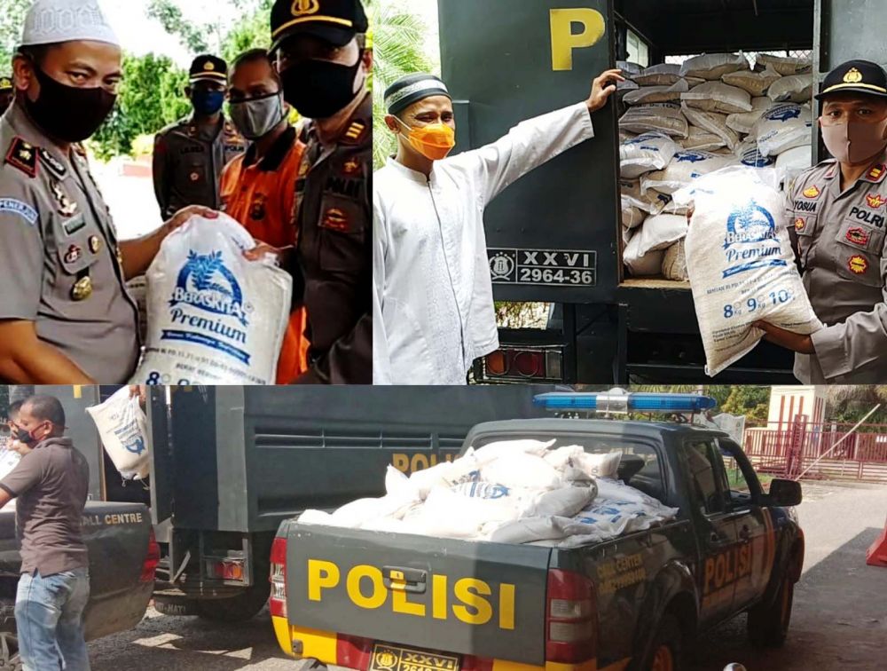Kapolres Sarolangun, AKBP Deny Heryanto SIK MSI dan Waka Polres, Kompol Husni Thamrin ST SH MH menyerahkan bantuan beras dari Ibu Kapolri ke jajaran Polsek