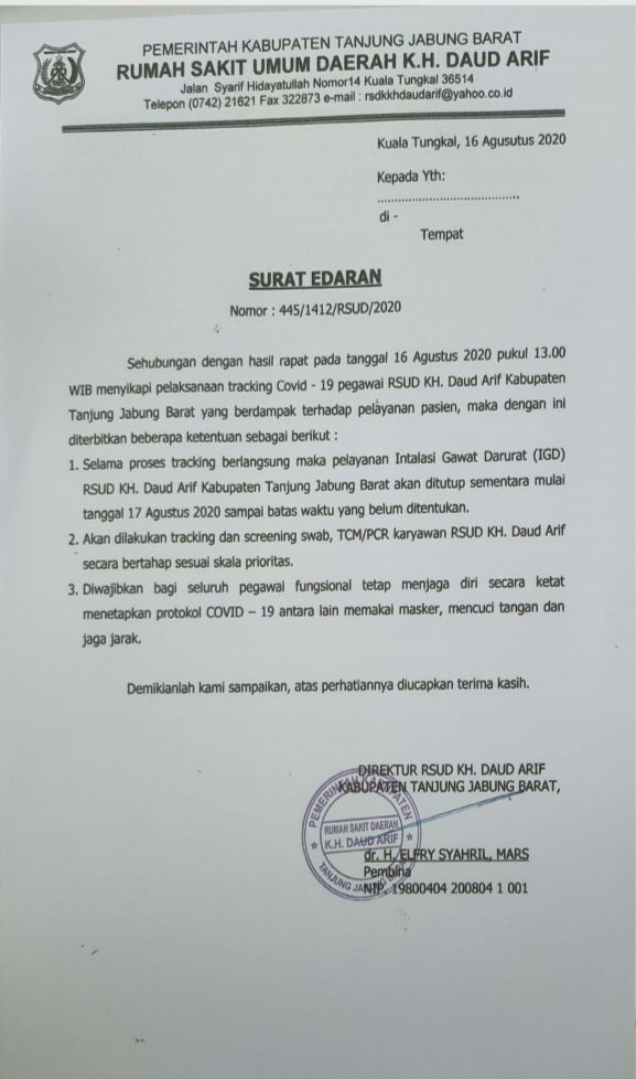 Surat edaran penutupan pelayanan IGD rumah sakit Daud Arif 