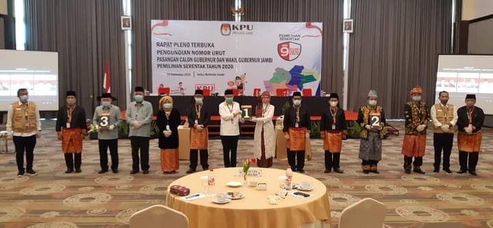 Pengundian nomor urut pasangan calon pemilihan Gubernur Jambi dan Wakil Guberur Jambi tahun 2020 menetapkan urutan calon.