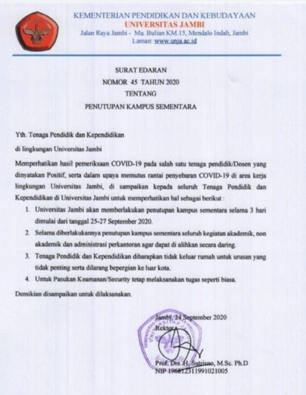 Pemberitahuan Kampus UNJA Ditutup selama tiga hari