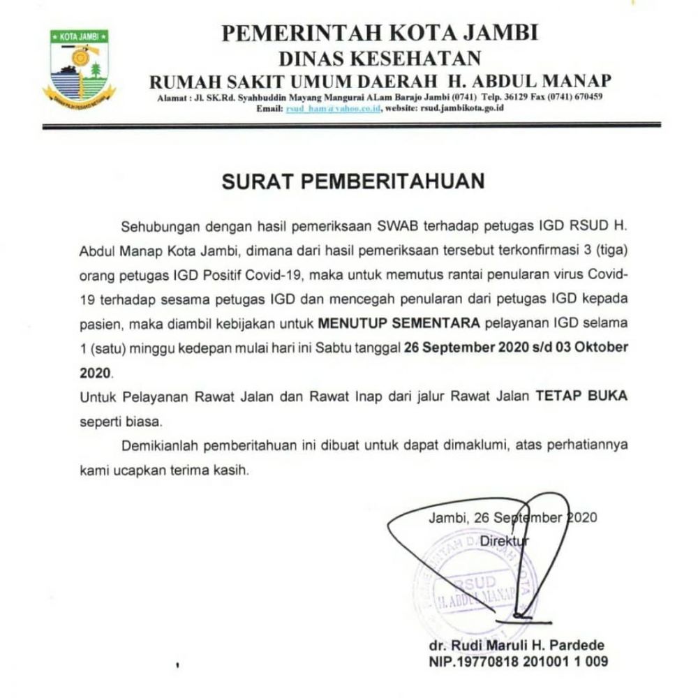 Surat Pemberitahuan yang diketahui Direktur RS Abdukl Manap, dr Rudi Maruli H Pardede 