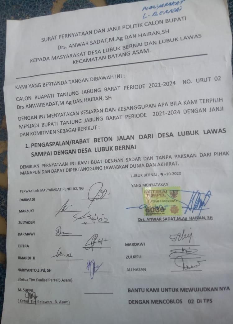 Surat perjanjian politik salah satu calon Bupati Tanjabarat.