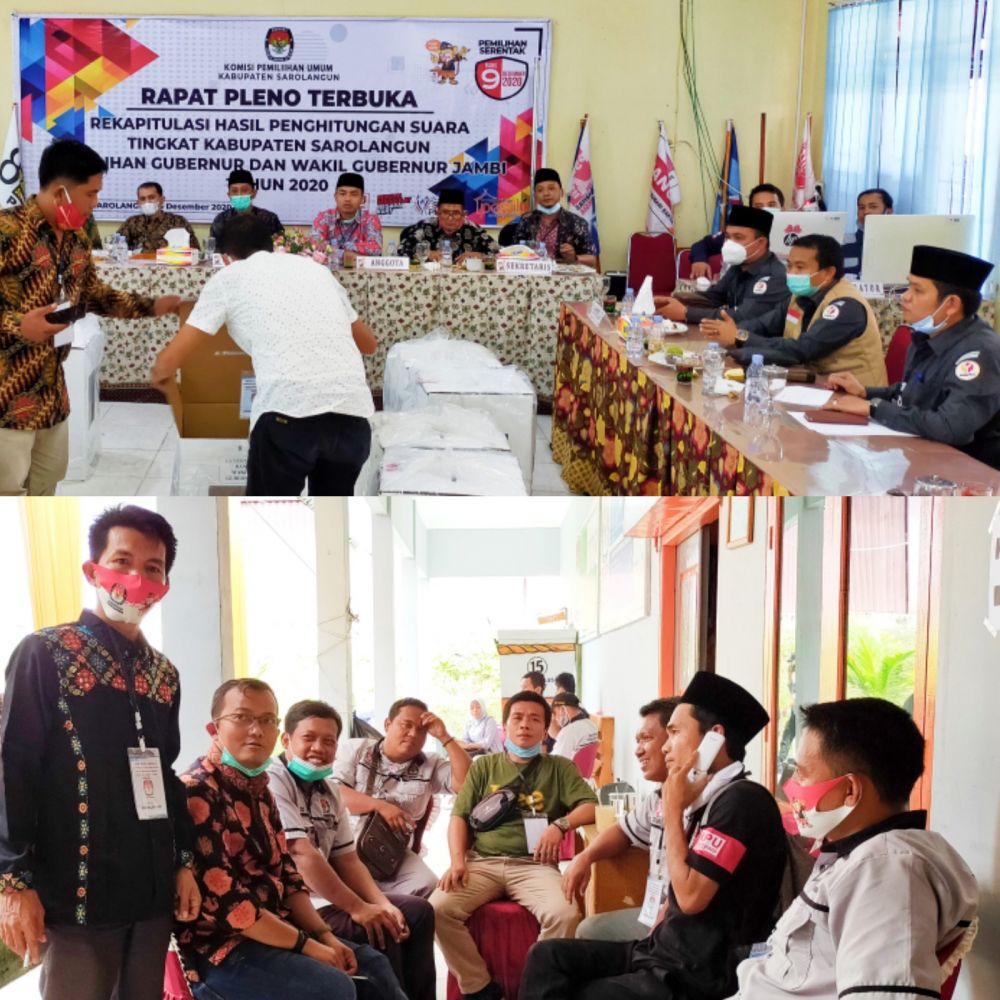 Berlangsungnya rapat pleno terbuka rekapitulasi hasil penghitungan suara Pilgub dan Pilwagub Jambi berlangsung di ruang pola KPU Sarolangun, Selasa (15/12)