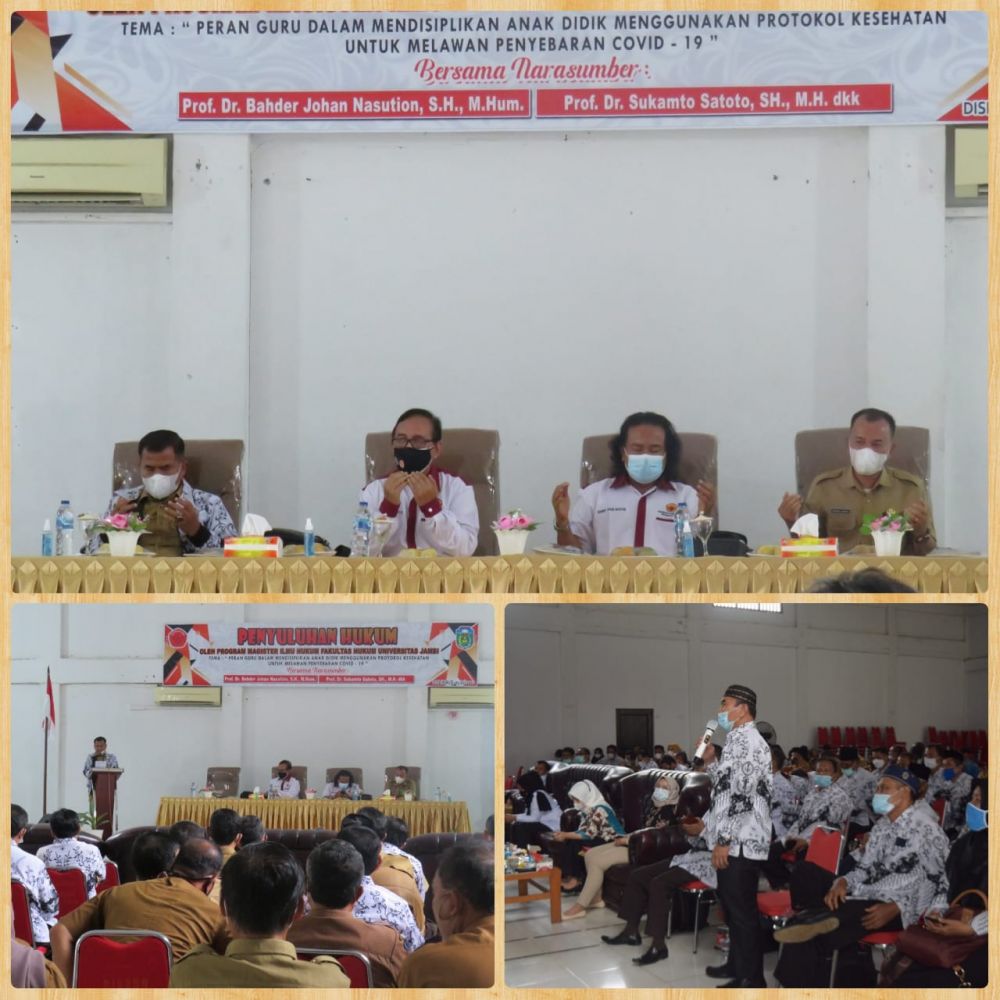 Sosialisasi Peran Guru Mendisiplinkan Anak Didik Menggunakan Protokol Kesehatan Untuk Melawan Penyebaran Pandemi Covid-19 Tim PPM FH UNJA di Kabupaten Tebo