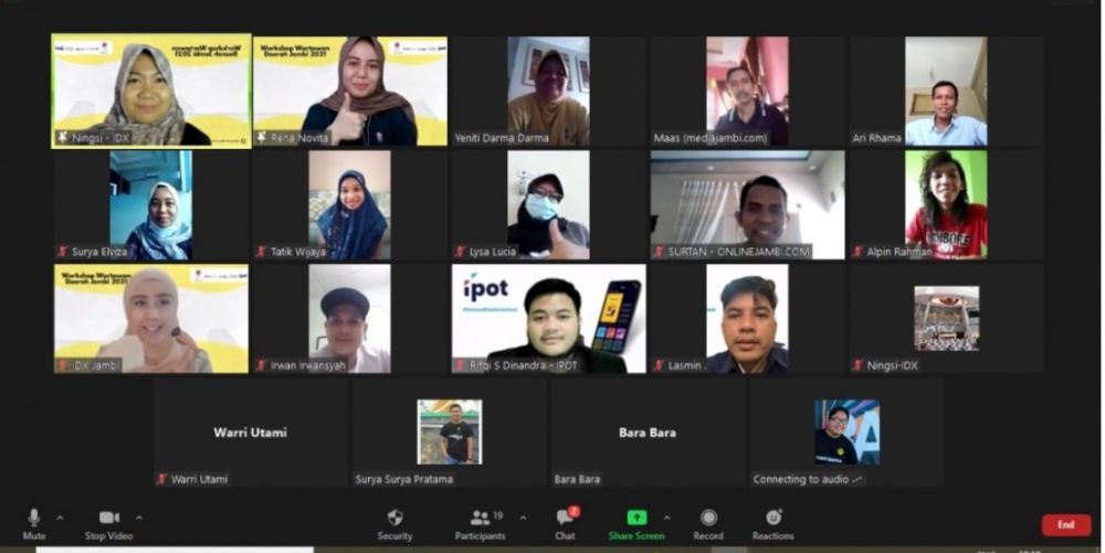 Berlangsungnya kegiatan workshop BEI Perwakilan Jambi bersama puluhan wartawan melalui daring, Kamis (16/092021)