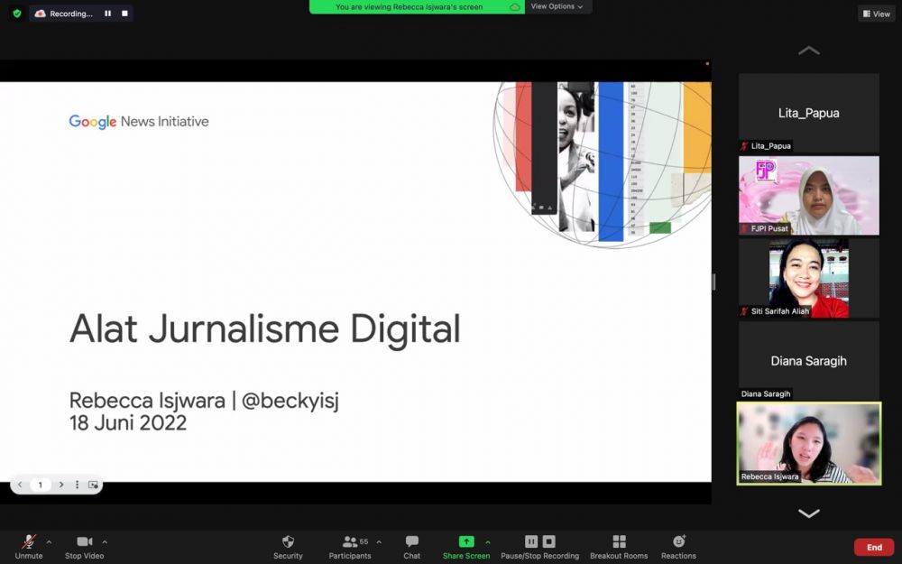 Forum Jurnalis Perempuan Indonesia (FJPI) bekerjasama dengan Google News Initiative (GNI), mengadakan Workshop, Training Google Tools,