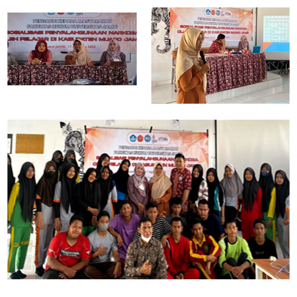 Pemaparan materi yang disampaikan oleh dosen FH Unja, Latifah Amir, S.H., M.H serta foto bersama degan peserta penyuluhan di SMA Negeri 15 Muaro Jambi